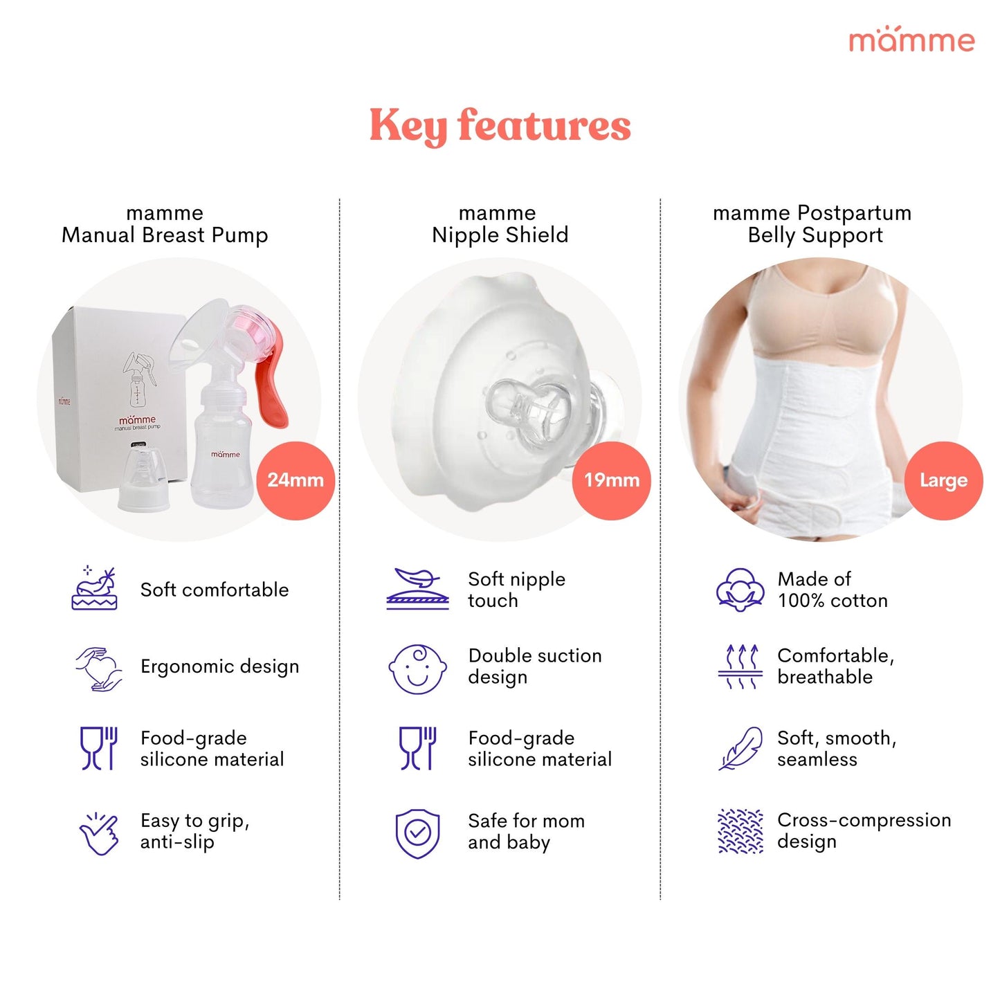 Mamme New Mom Must-Haves Set | Includes Manual Pump, Postpartum Belly Support and Nipple Shield