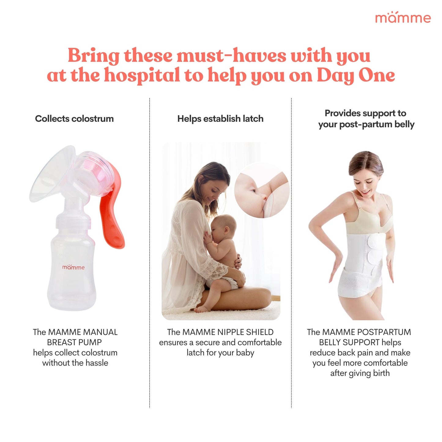 Mamme New Mom Must-Haves Set | Includes Manual Pump, Postpartum Belly Support and Nipple Shield